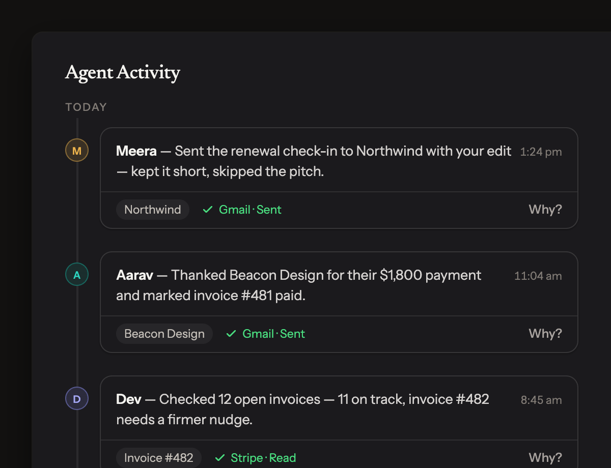 Agent activity feed showing emails sent and records updated